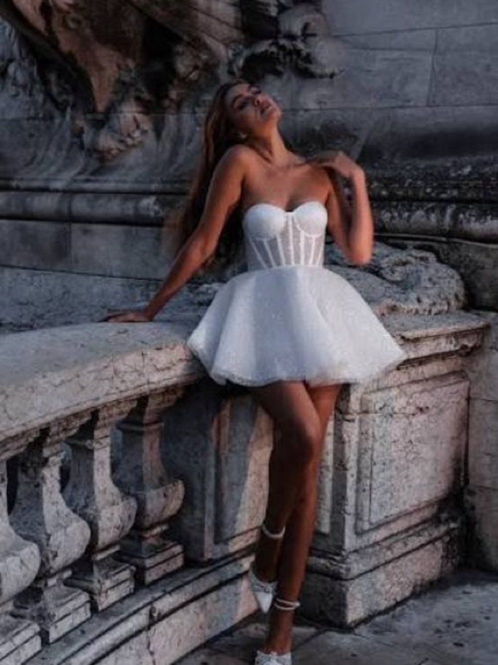 Strapless White Mini Tulle Dress with Corset Bodice